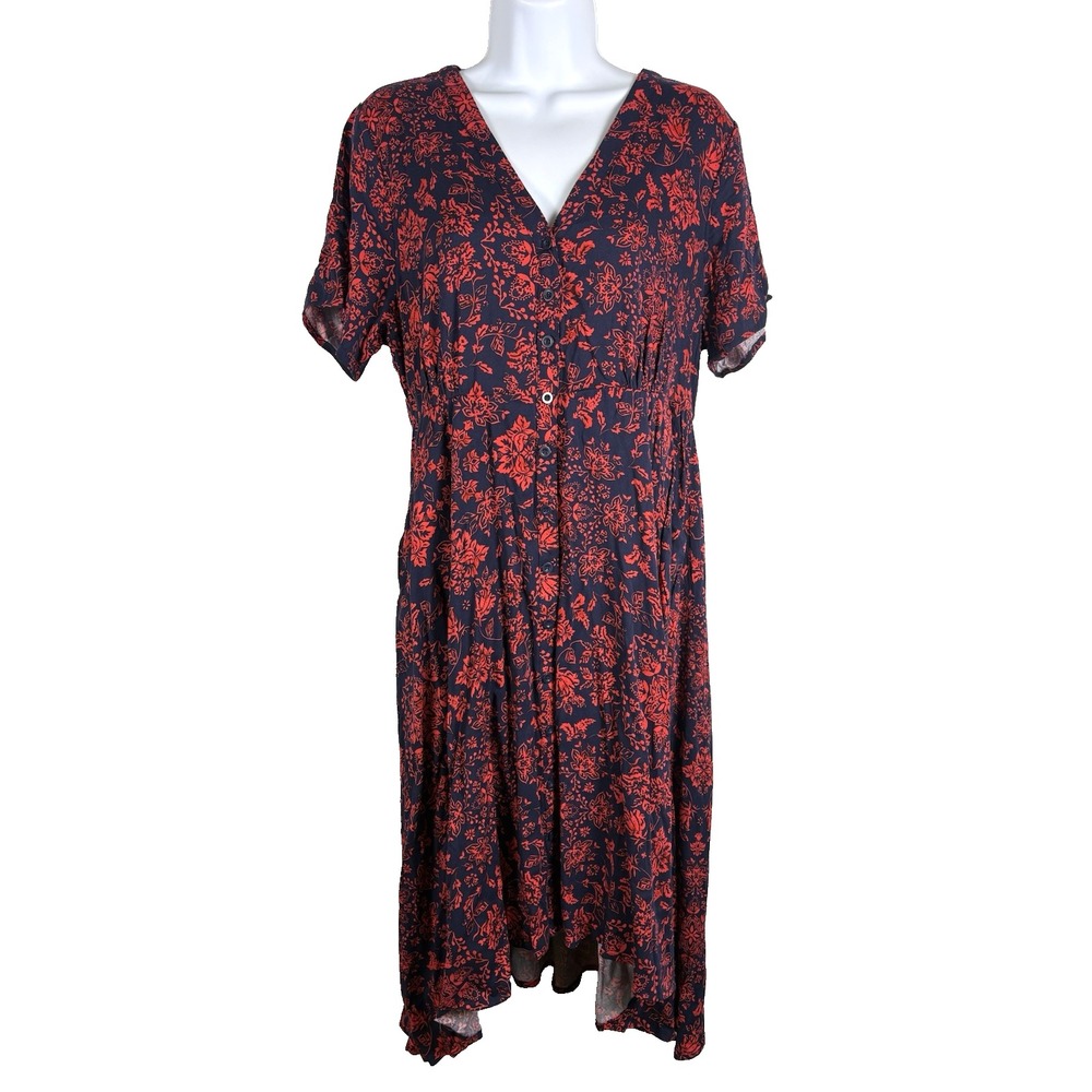 Torrid Dress Size 10 M/L Midi Navy Red Floral V-Neck Button Front Punk Academia